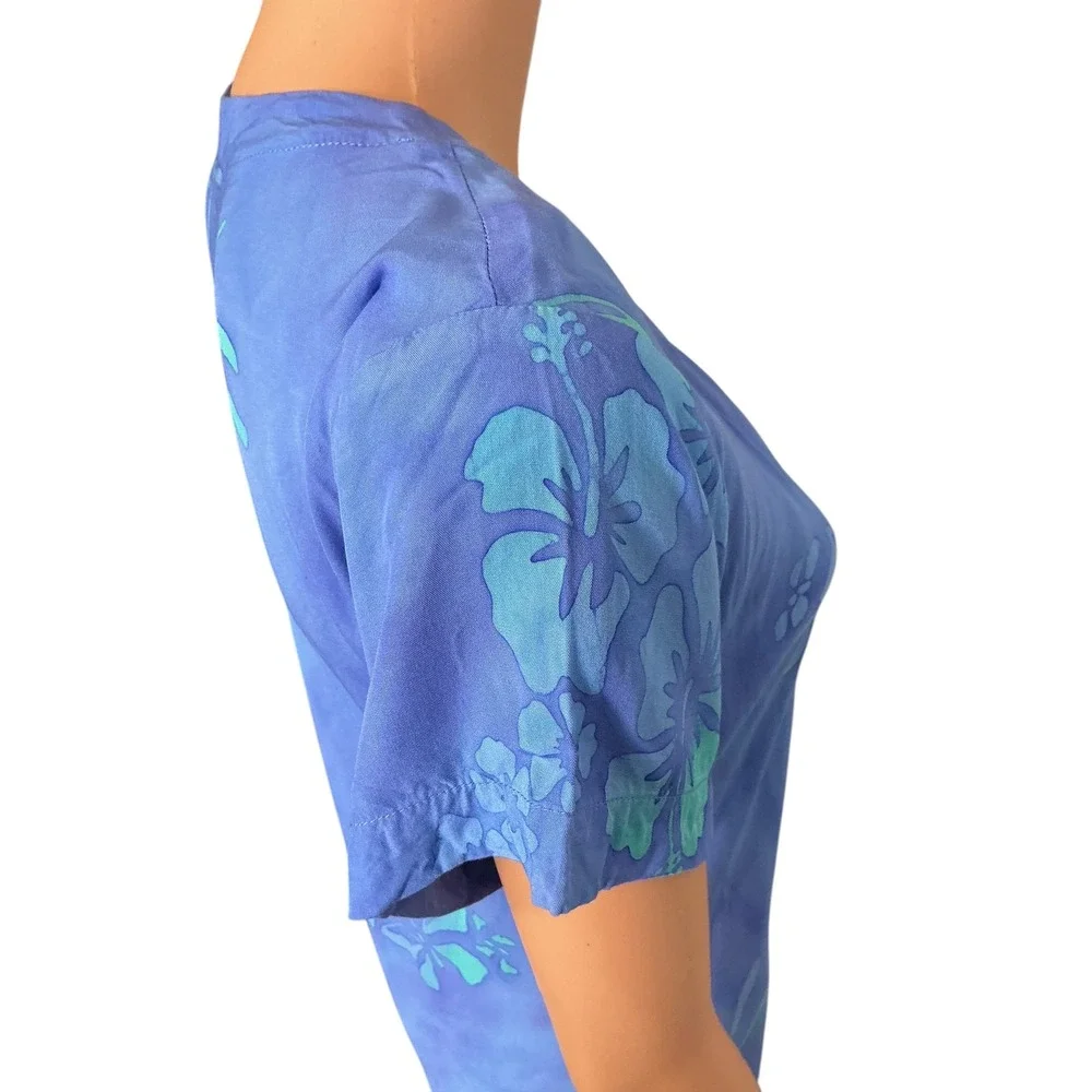 Tropical Tantrum Blue Hawaiian Floral Print Dress V Neck ShortSleeve Casual Mumu - Picture 4 of 16